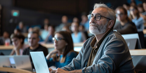 Mature male student in a university lecture hall listening to a professor explaining modern technology trends. Education for elderly people.