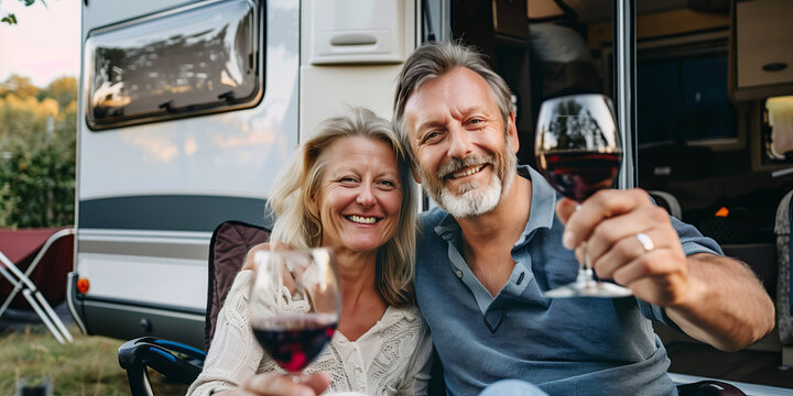 Happy mature couple sitting by their caravan home drinking red wine. Senior husband and wife traveling on holidays by trailer camper van.