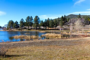 
Lake Cuyamaca and Prairie Grassland Scenic Landscape View, Blue Sky.  California State Park Sunny Winter Day Hiking Southwest US 