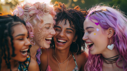 Obraz premium Portrait of multicultural women with luxurious bright hair having fun outdoors. Multiracial women in pink and purple colors pose for the camera. Fun concept.