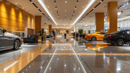 A wide angle view of an upscale car dealership interior featuring a spacious and well-lit showroom with multiple cars