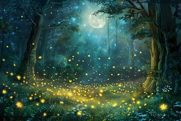 luminous enchantment fireflies dance in a moonlit forest clearing creating a mesmerizing display of natures magic digital painting