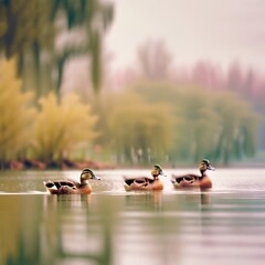 Landscape photo of ducks playing freely in the river