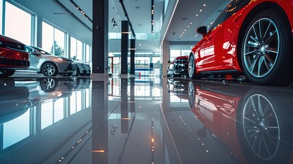 A modern car dealership with reflective flooring showcasing luxury vehicles and a spacious, well-lit interior