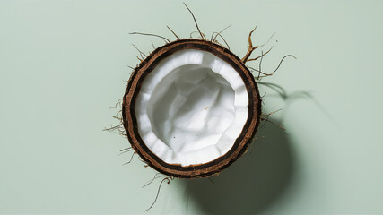 Half of a coconut on a light background, perfect for vegan and healthy recipes, as well as for cosmetics