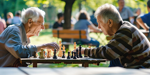 Active retired senior friends playing chess in a park. Hobbies and leisure for elderly people.
