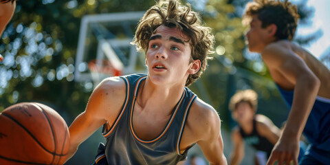Male teen basketball player dribbling the ball on an outdoor court on a sunny day. Teenage friends playing street basketball together. Active leisure for kids.