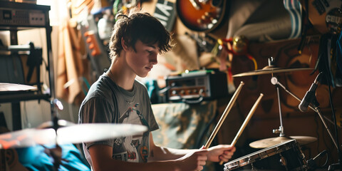 Teenage band practicing in a cramped garage, with cluttered equipment and members tuning instruments, immersed in their music preparation.