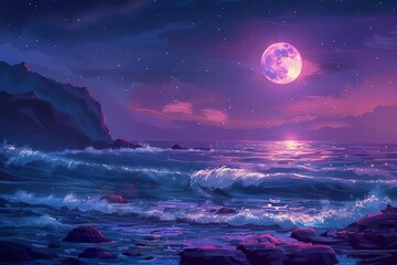 majestic ocean vista under a luminous full moon evoking a sense of tranquility and wonder digital painting