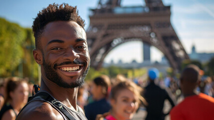 a group of men and women athletes smiling in front of the eiffel tower in paris
