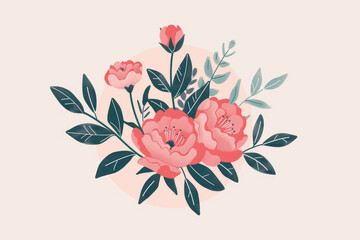 Minimalist botanical artwork of red flowers with dark green leaves.