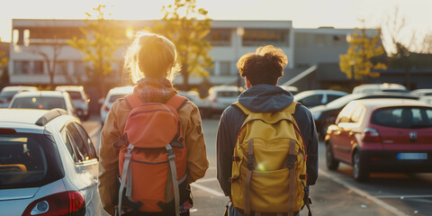 Two young travelers with heavy backpacks walking on a parking lot looking for a car they just rented for their new adventure.