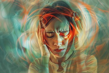 migraine misery dizzy asian woman suffering from vertigo pain digital illustration