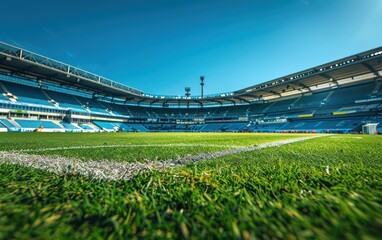 Fototapeta premium The image takes a ground-level view capturing the lush green turf of a stadium, giving the viewer a player's perspective
