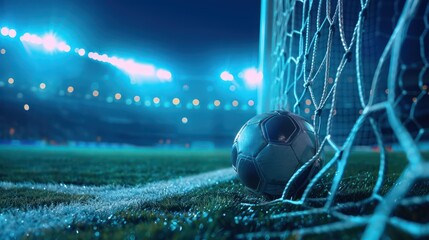 This close-up image captures the dramatic moment of a soccer ball in the goal net, illuminated by...