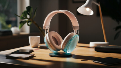 Modern headphones with soft ear cups standing on a wooden table next to a phone and a cup of coffee
