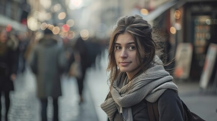 Fototapeta premium Charming young woman with a light smile gives a glance in a busy urban setting