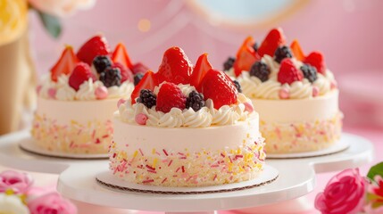 Colorful mini cakes adorned with fresh strawberries, blackberries, and whipped cream, perfect for a high tea or dessert buffet