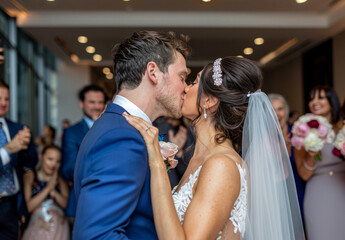 Sealed with a Kiss: A joyful bride and groom share their first kiss as newlyweds, surrounded by cheering friends and family