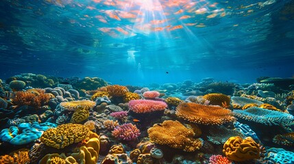 Exploring the colorful reefs snorkeling in the Great Barrier Reef, underwater beauty, YouTube thumbnail with copy space for text on left