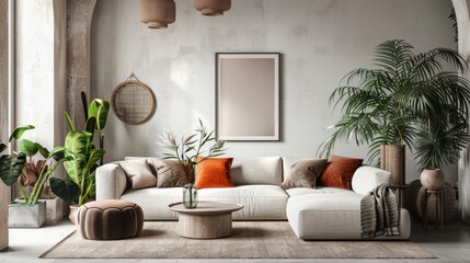 mock up poster frame in modern interior background, living room, Scandinavian style, 3D render.