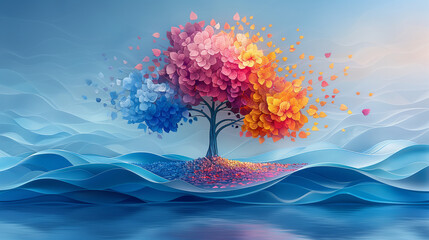 A colorful tree with pink, blue, and yellow leaves is floating on the water