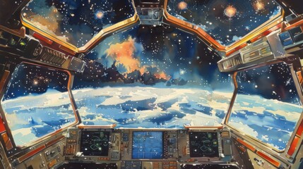 The generated image shows the view from the cockpit of a spaceship, looking out at the Earth