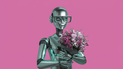 Robot with a bouquet of flowers on a pink background, perfect for greeting cards or themes about technology and feelings