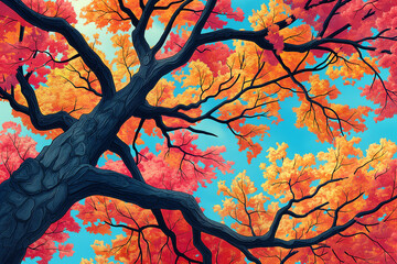 A tree with orange leaves is shown in a blue sky