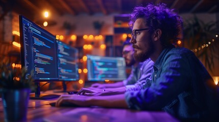 Fototapeta premium Tech startup team debugging software on dual monitors, intense focus in a modern office, YouTube thumbnail with copy space for text on left