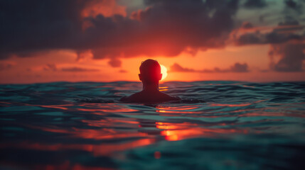 Portrait of a man swimming in the ocean at sunset. Young man enjoying nature in the water. Nature concept. Active lifestyle.