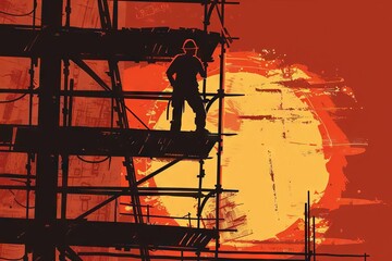 silhouette of worker on scaffolding at sunset construction site concept illustration - obrazy, fototapety, plakaty
