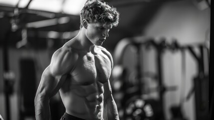 Naklejka na ściany i meble A monochrome image capturing a strong, muscular man in a gym, giving off an aura of determination and physical strength