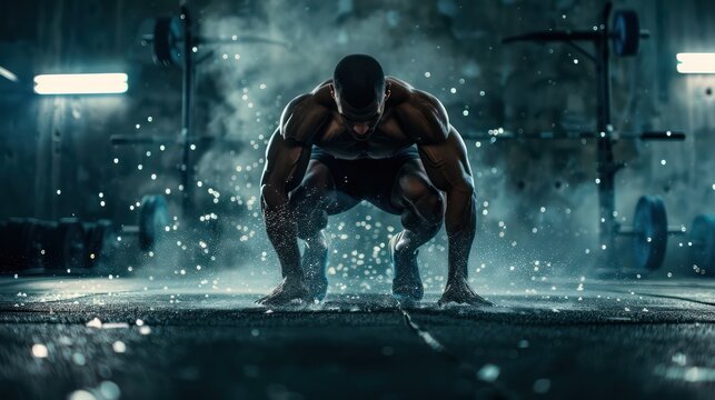 Dynamic image of a muscular sprinter poised to start, highlighting his powerful legs and the tension of anticipation