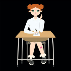 Cute girl with red hair sitting at a school desk with raised hand on black background. Back to school edition. Flat vector