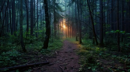 Fototapeta premium A serene path leading through a sunlit forest during dawn with beams of light piercing through trees
