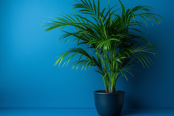 Obraz premium A large palm tree is sitting in a black pot on a blue wall