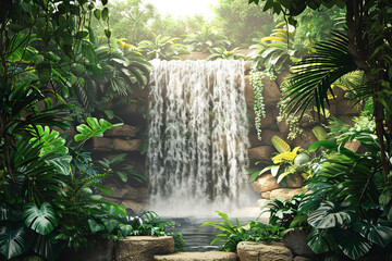 A cascading waterfall framed by lush greenery in a tropical jungle, isolated on solid white background.