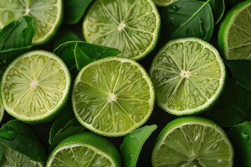 A close up of green lime slices. The lime slices are arranged in a row and are cut in half