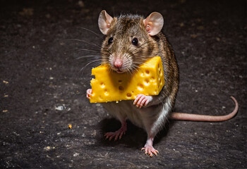 Rat eating cheese. Pests in agriculture and households.