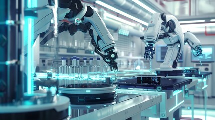 A biotech lab with robotic arms conducting experiments on synthetic tissues