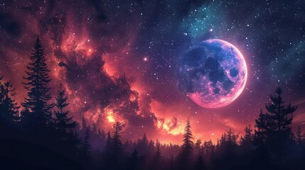 A cosmic phenomenon unfolds with a vibrant blue and purple planet looming over a peaceful forest landscape