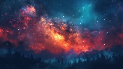 Fototapeta premium A breathtaking digital landscape displaying a vibrant nebula with stars scattered across the sky, encompassing a forest silhouette