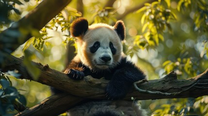 Obraz premium A young Giant Panda sits on a tree branch within a lush forest, showing its distinct black and white fur and the serene surroundings