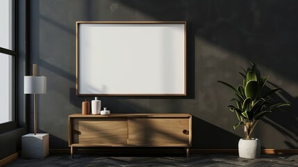 Mockup frame on wood cabinet in living room interior on empty dark wall background.