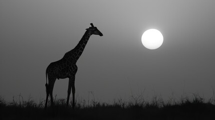 Fototapeta premium The stark contrast of a giraffe's silhouette against the glowing moon in a monochromatic landscape conveys quiet contemplation