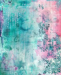A light teal and pink mixed media background with grunge texture