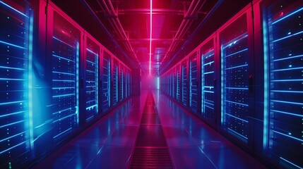 A futuristic data center with rows of servers emitting blue light