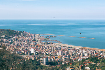 panorama of the city of Rize in the Turkish region of Karadeniz, landscape overview of the cityscape, houses, buildings, the Black Sea coast on a clear sunny day