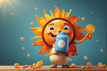 Sunny character with a jar of orange juice, surrounded by flying droplets and flowers on a blue background, symbolizing joy and fun